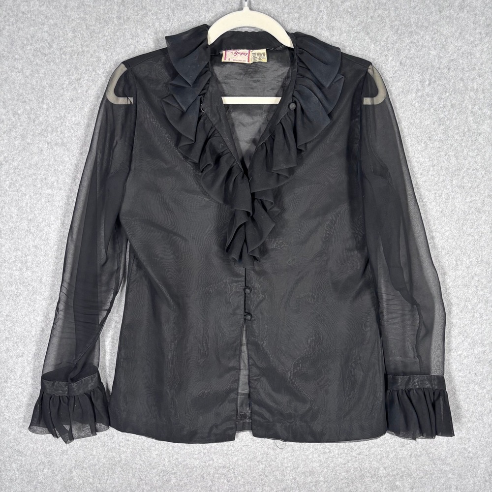 Vintage Sheer Layered Ruffles Blouse Size 8 Black Victorian Coquette Organza
